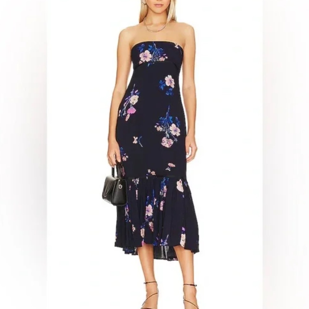 Free People Strapless Navy Floral Midi Dress